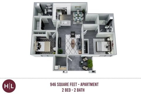 Floor plan for 2 beds, 2 baths, 1061 sqft